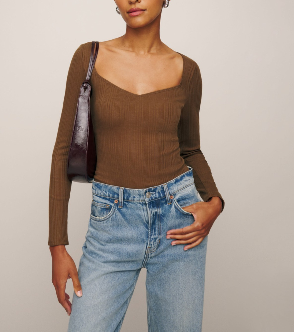 Reformation Cashmere Scoop Neck Sweater babydoll top Y2K Brown Sz Small A011334